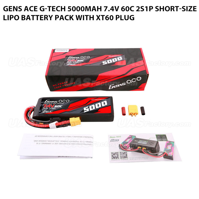 Gens Ace G-Tech 5000mAh 7.4V 60C 2S1P Short-Size Lipo Battery Pack With XT60 Plug