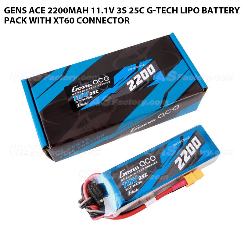 Gens Ace 2200mAh 11.1V 3S 25C G-Tech Lipo Battery Pack With XT60 Connector