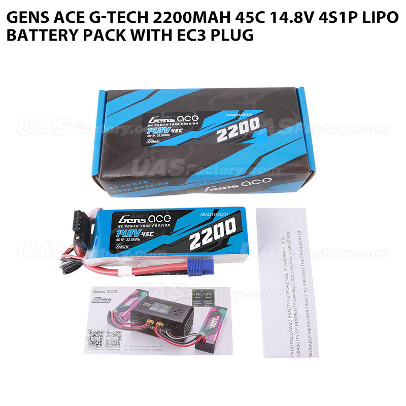 Gens Ace G-Tech 2200mAh 45C 14.8V 4S1P Lipo Battery Pack With EC3 Plug