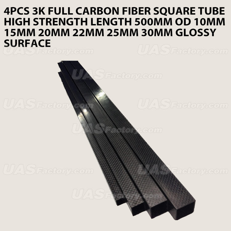 4pcs 3K full carbon fiber square tube high strength length 500mm OD 10mm 15mm 20mm 22mm 25mm 30mm Glossy Surface