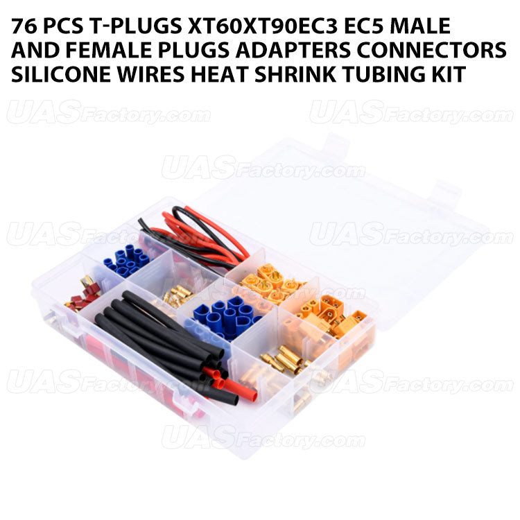 76 pcs T-plugs XT60XT90EC3 EC5 male and female plugs adapters connectors silicone wires heat shrink tubing kit