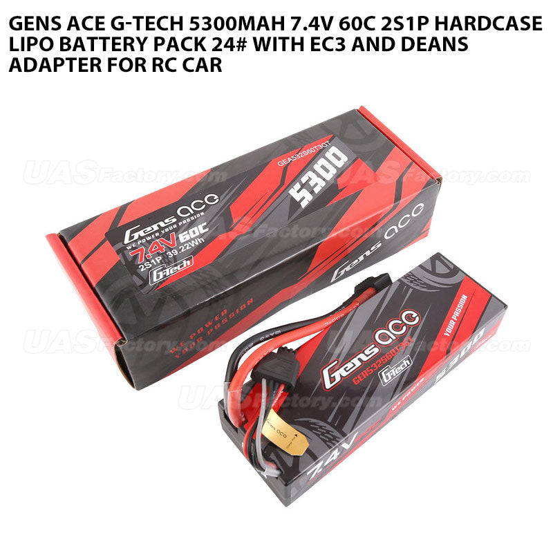 Gens Ace G-Tech 5300mAh 7.4V 60C 2S1P HardCase Lipo Battery Pack 24# With EC3 And Deans Adapter For RC Car