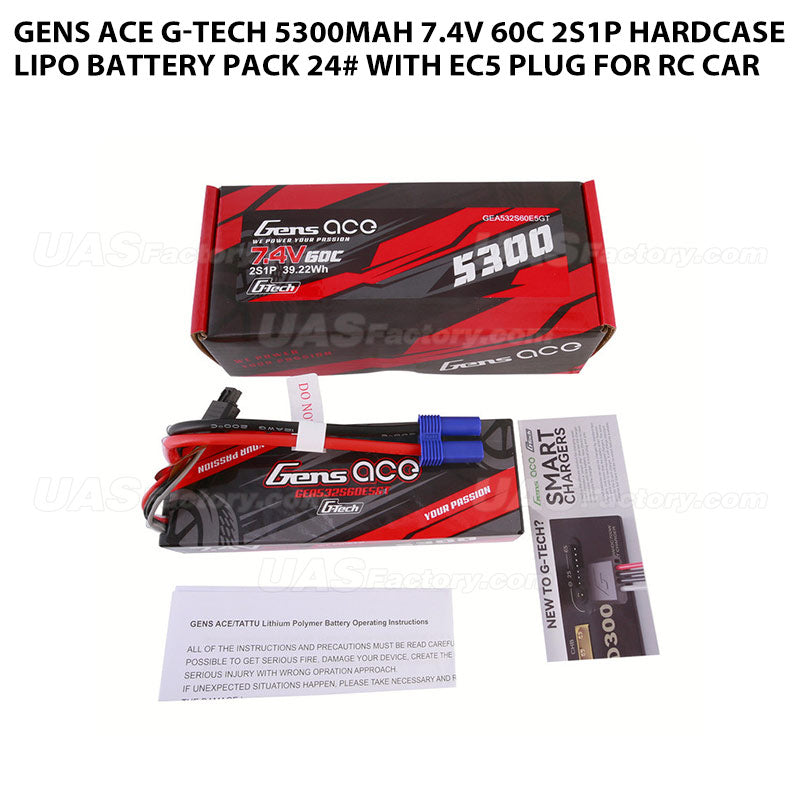 Gens Ace G-Tech 5300mAh 7.4V 60C 2S1P HardCase Lipo Battery Pack 24# With EC5 Plug For RC Car