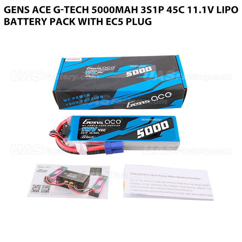 Gens Ace G-Tech 5000mAh 3S1P 45C 11.1V Lipo Battery Pack With EC5 Plug