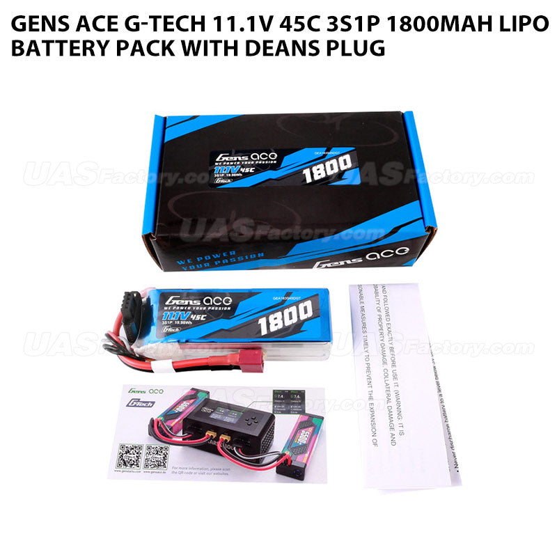 Gens Ace G-Tech 11.1V 45C 3S1P 1800mAh Lipo Battery Pack With Deans Plug