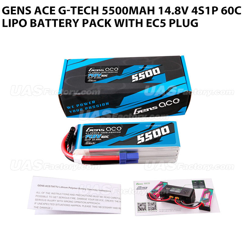 Gens Ace G-Tech 5500mAh 14.8V 4S1P 60C Lipo Battery Pack With EC5 Plug