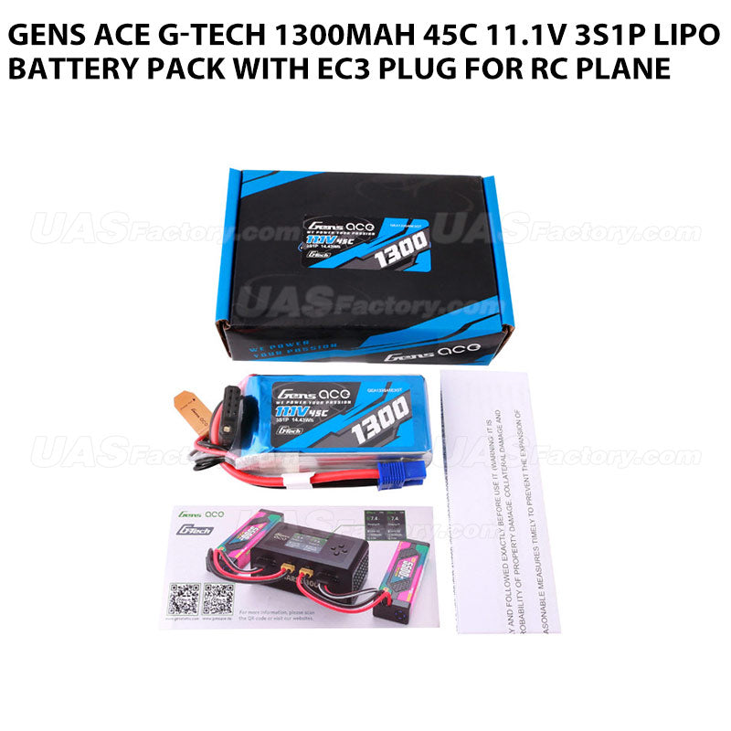 Gens Ace G-Tech 1300mAh 45C 11.1V 3S1P Lipo Battery Pack With EC3 Plug For RC Plane