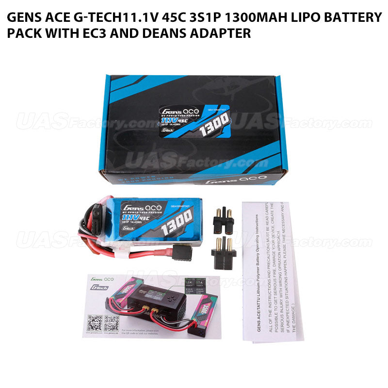 Gens Ace G-Tech11.1V 45C 3S1P 1300mAh Lipo Battery Pack With EC3 And Deans Adapter