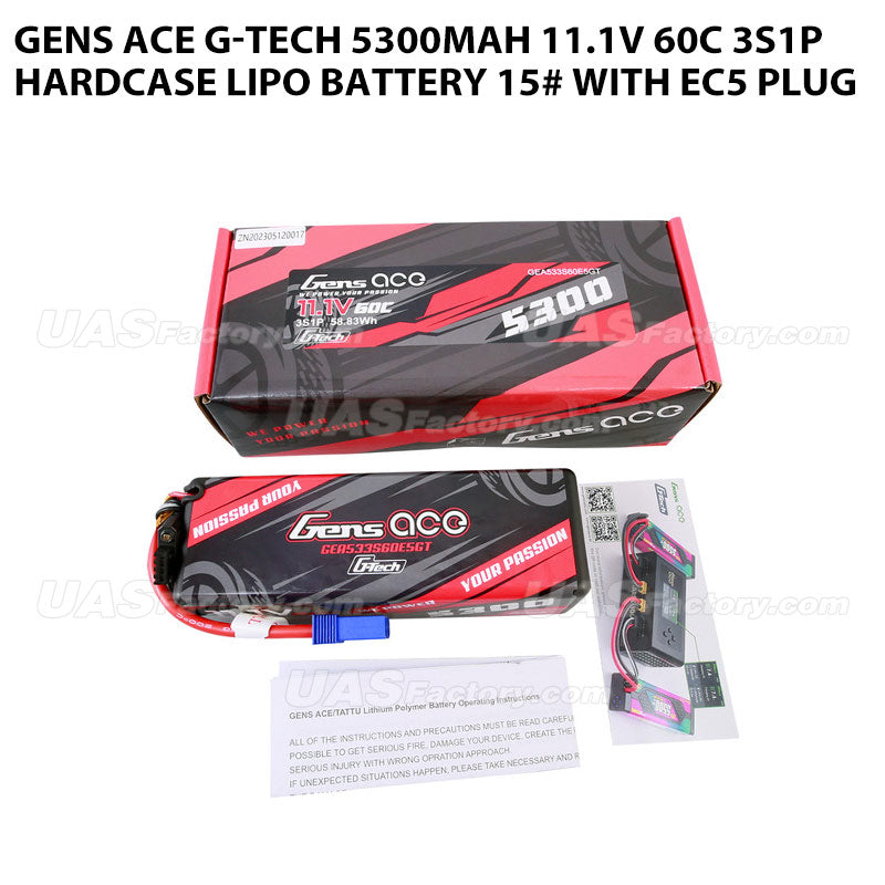 Gens Ace G-Tech 5300mAh 11.1V 60C 3S1P HardCase Lipo Battery 15# With EC5 Plug