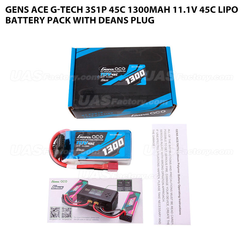 Gens Ace G-Tech 3S1P 45C 1300mAh 11.1V 45C Lipo Battery Pack With Deans Plug