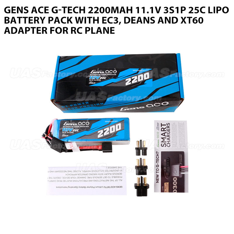 Gens Ace G-Tech 2200mAh 11.1V 3S1P 25C Lipo Battery Pack With EC3, Deans And XT60 Adapter For RC Plane