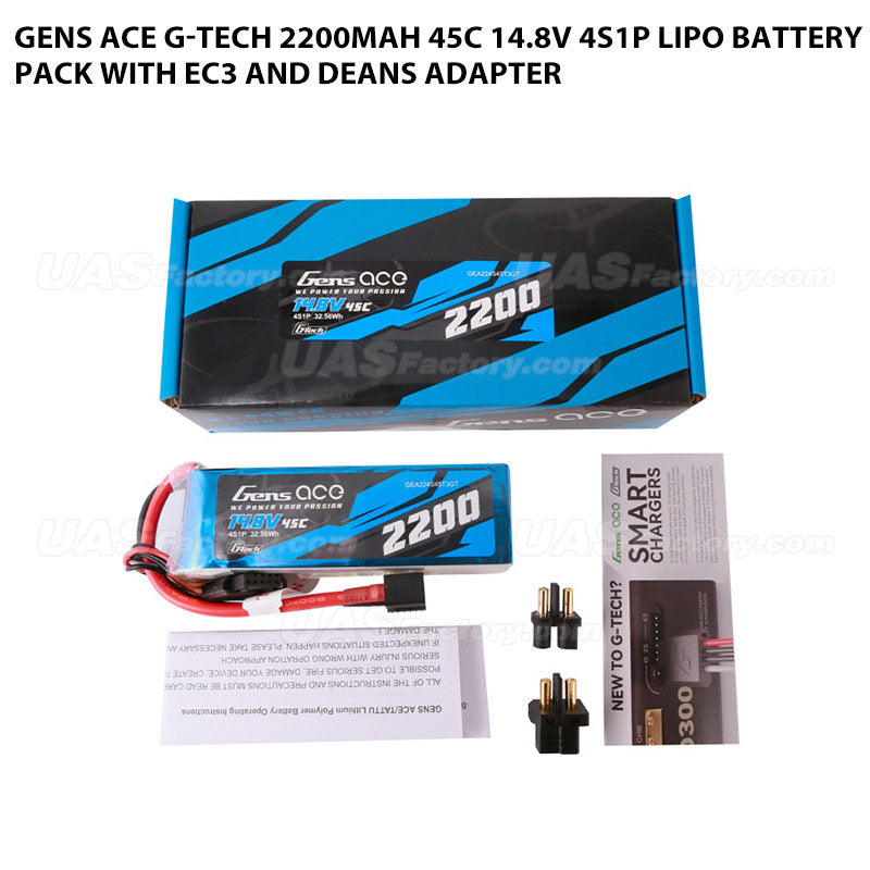 Gens Ace G-Tech 2200mAh 45C 14.8V 4S1P Lipo Battery Pack With EC3 And Deans Adapter