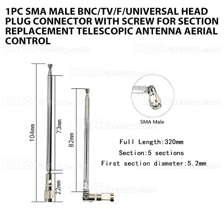 1pc SMA Male BNC/TV/F/Universal Head Plug Connector with Screw for Section Replacement Telescopic Antenna Aerial Control