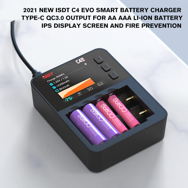 2021 New ISDT C4 EVO Smart Battery Charger Type-C QC3.0 Output for AA AAA Li-ion Battery IPS Display Screen and Fire Prevention